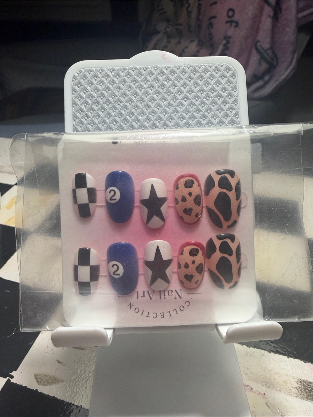 Mixed Pattern Press-On Nail Set in Pink, Black, White & Blue
